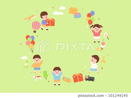 Frame with kids, boxes, and balloons. Frame with kids, boxes, and balloons. 101249145