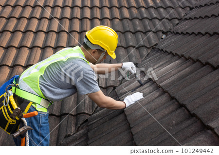 Worker man using waterproof roof coating repair to fix crack of the old tile roof. 101249442