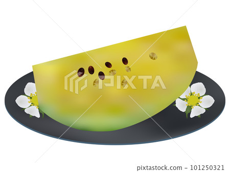 "Cut yellow small ball watermelon" served on a plate Blue plate Floral pattern "Cut yellow small ball watermelon" served on a plate Blue plate Floral pattern 101250321