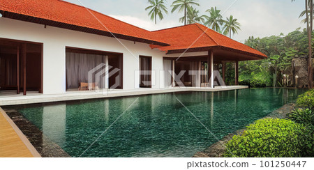 Luxury with tropical Jungle villa resort luxurious swimming pool. Generative AI illustration Luxury with tropical Jungle villa resort luxurious swimming pool. Generative AI illustration 101250447