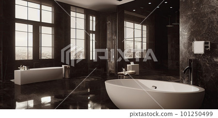 Luxury bathroom with marble. Modern interior hotel or home design with clean and elegance space. Natural lighting window. Generative AI illustration 101250499