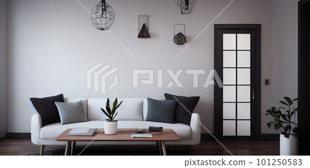 mock up poster frame in boho interior background, wooden living room design, Scandinavian style. Generative AI illustration 101250583