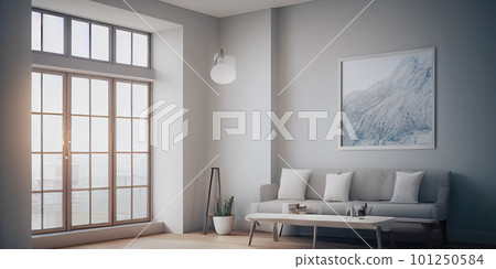 mock up poster frame in modern interior background, living room, Scandinavian style, Generative AI illustration. 101250584