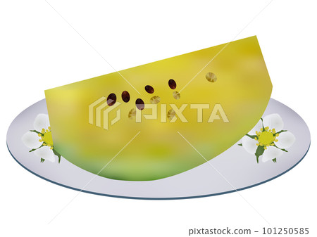 "Cut yellow small ball watermelon" served on a plate White plate Floral pattern 101250585