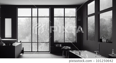 Luxury bathroom with marble. Modern interior hotel or home design with clean and elegance space. Natural lighting window. Generative AI illustration Luxury bathroom with marble. Modern interior hotel or home design with clean and elegance space. Natural lighting window. Generative AI illustration 101250642