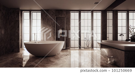 Luxury bathroom with marble. Modern interior hotel or home design with clean and elegance space. Natural lighting window. Generative AI illustration 101250669