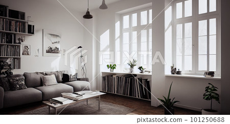 mock up poster frame in boho interior background, wooden living room design, Scandinavian style. Generative AI illustration mock up poster frame in boho interior background, wooden living room design, Scandinavian style. Generative AI illustration 101250688