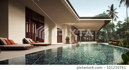 Luxury with tropical Jungle villa resort luxurious swimming pool. Generative AI illustration 101250761