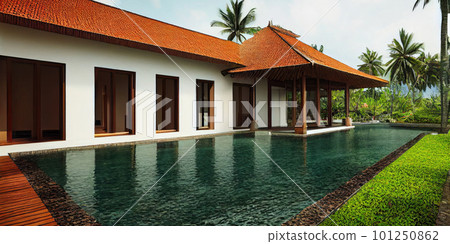 Luxury with tropical Jungle villa resort luxurious swimming pool. Generative AI illustration 101250862