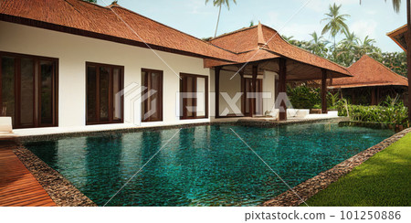Luxury with tropical Jungle villa resort luxurious swimming pool. Generative AI illustration 101250886