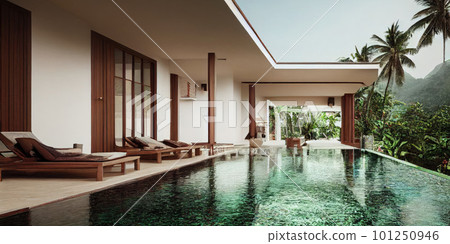 Luxury with tropical Jungle villa resort luxurious swimming pool. Generative AI illustration 101250946