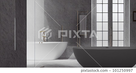 Luxury bathroom with marble. Modern interior hotel or home design with clean and elegance space. Natural lighting window. Generative AI illustration 101250997