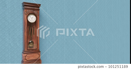 Vintage wooden clock on the wall with wallpaper. 3D illustration Vintage wooden clock on the wall with wallpaper. 3D illustration 101251189