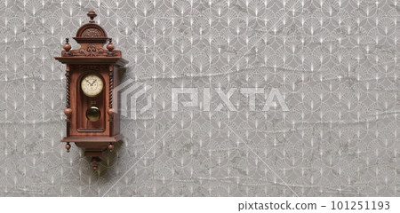 Vintage wooden clock on the wall with wallpaper. 3D illustration 101251193