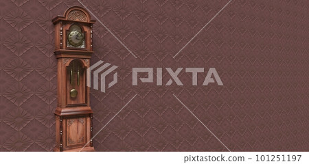 Vintage wooden clock on the wall with wallpaper. 3D illustration Vintage wooden clock on the wall with wallpaper. 3D illustration 101251197