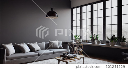 mock up poster frame in boho interior background, wooden living room design, Scandinavian style. Generative AI illustration 101251229