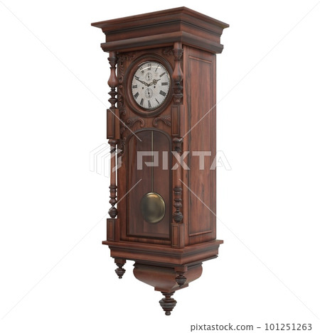 Vintage wooden clock isolated on white background. 3D illustration 101251263