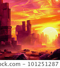 Ruined city sunset illustration digital art painting 101251287