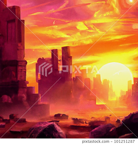 Ruined city sunset illustration digital art painting 101251287
