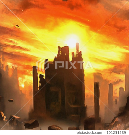 Ruined city sunset illustration digital art painting 101251289