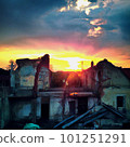 Ruined city sunset illustration digital art painting 101251291