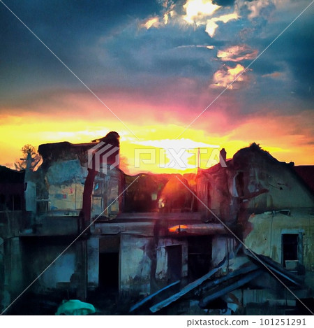 Ruined city sunset illustration digital art painting Ruined city sunset illustration digital art painting 101251291