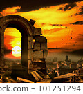 Ruined city sunset illustration digital art painting 101251294
