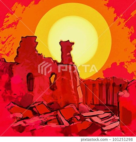 Ruined city sunset illustration digital art painting 101251298