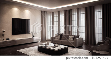 Large luxury modern elegant interiors Living room mockup. Modern style of furniture decoration. Generative AI illustration. 101251327