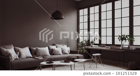 mock up poster frame in boho interior background, wooden living room design, Scandinavian style. Generative AI illustration 101251329
