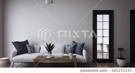 mock up poster frame in boho interior background, wooden living room design, Scandinavian style. Generative AI illustration 101251331