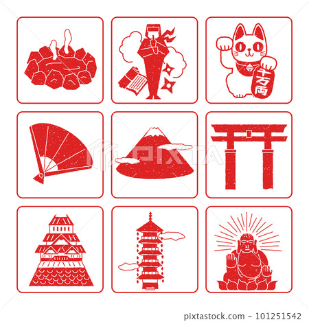 一組與日本特產和旅遊景點相關的圖標 (hanko) 101251542