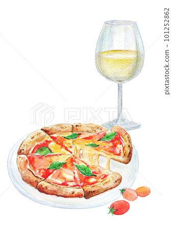 Pizza and wine set watercolor illustration 101252862