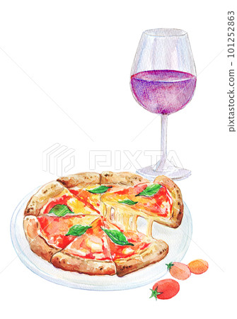 Pizza and wine set watercolor illustration Pizza and wine set watercolor illustration 101252863