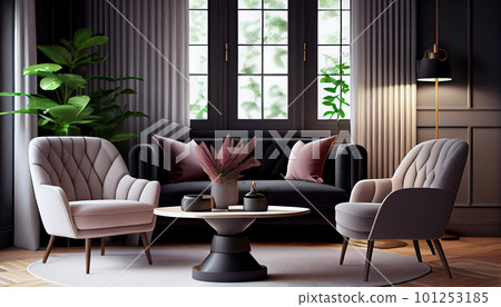Modern stylish interior design with armchair sofa furniture in living room at home, lifestyle living room design, empty nobody, 3D render illustration by Generative AI Modern stylish interior design with armchair sofa furniture in living room at home, lifestyle living room design, empty nobody, 3D render illustration by Generative AI 101253185