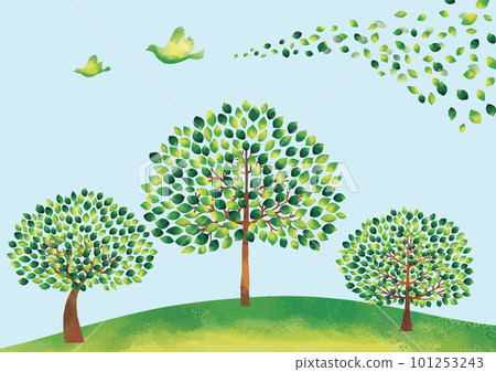 綠樹、流動的樹葉和鳥類的水彩畫 綠樹、流動的樹葉和鳥類的水彩畫 101253243