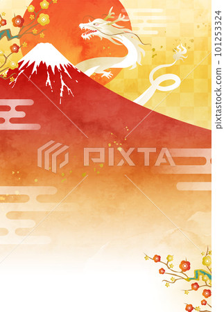 Vector illustration template for 2024 New Year's card with watercolor Mt. Fuji, dragon and first sunrise (dragon, dragon) 101253324