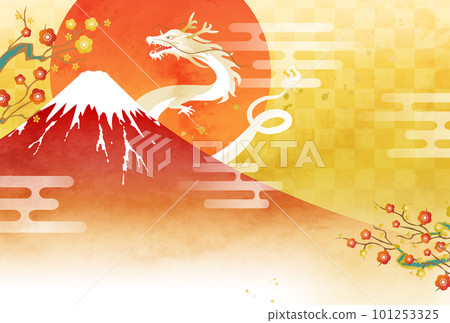 2024 年新年賀卡的矢量圖模板與水彩富士山、龍和第一次日出(龍、龍) 2024 年新年賀卡的矢量圖模板與水彩富士山、龍和第一次日出(龍、龍) 101253325