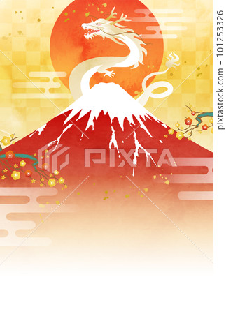 2024 年新年賀卡的矢量圖模板與水彩富士山、龍和第一次日出（龍、龍） 101253326