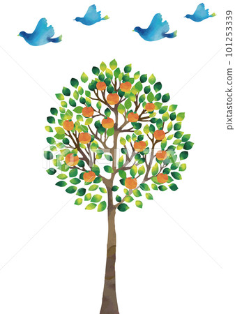 橘樹和青鳥垂直水彩接觸景觀 101253339