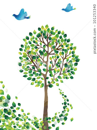 Watercolor touch Landscape of green trees, flowing leaves and blue birds Vertical 101253340
