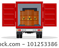 A truck carries dangerous chemicals in barrels labeled radioactive 101253386
