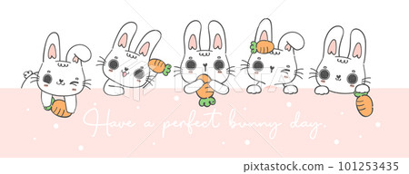 group of cute Happy joyful white baby bunny rabbit with carrot on banner, have a perfect bunny day, kawaii cartoon animal character doodle drawing outline banner group of cute Happy joyful white baby bunny rabbit with carrot on banner, have a perfect bunny day, kawaii cartoon animal character doodle drawing outline banner 101253435