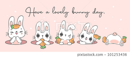 group of cute Happy white baby bunny rabbit in hole, have a lovely day, cartoon drawing outline banner group of cute Happy white baby bunny rabbit in hole, have a lovely day, cartoon drawing outline banner 101253436