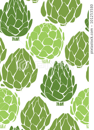 Vector seamless pattern with green silhouette of artichokes on white background. Texture with simple cabbage healthy vegetables Vector seamless pattern with green silhouette of artichokes on white background. Texture with simple cabbage healthy vegetables 101253580