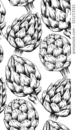 Vector seamless pattern with hand drawn artichokes on white background. Texture with sketch of cabbage healthy vegetables with hatching. Vector seamless pattern with hand drawn artichokes on white background. Texture with sketch of cabbage healthy vegetables with hatching. 101253581