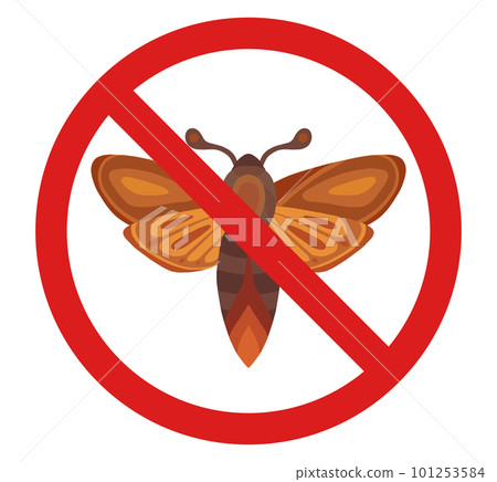 Vector prohibited badge with moth. Forbidden sticker butterfly clipart. Danger to be bite. Vector prohibited badge with moth. Forbidden sticker butterfly clipart. Danger to be bite. 101253584