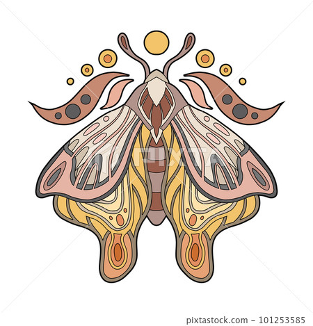 Vector sacred illustration of colorful contour moth with the moon. Color outline butterfly clipart. Line art tracery picture of a flying insect Vector sacred illustration of colorful contour moth with the moon. Color outline butterfly clipart. Line art tracery picture of a flying insect 101253585