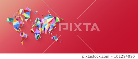 World map shape made of colorful polygons. 3D illustration on a pink background. Horizontal banner World map shape made of colorful polygons. 3D illustration on a pink background. Horizontal banner 101254050