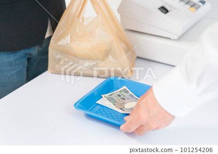 將紙幣、硬幣和零錢收據放在托盤上交給顧客的店員的手 將紙幣、硬幣和零錢收據放在托盤上交給顧客的店員的手 101254206